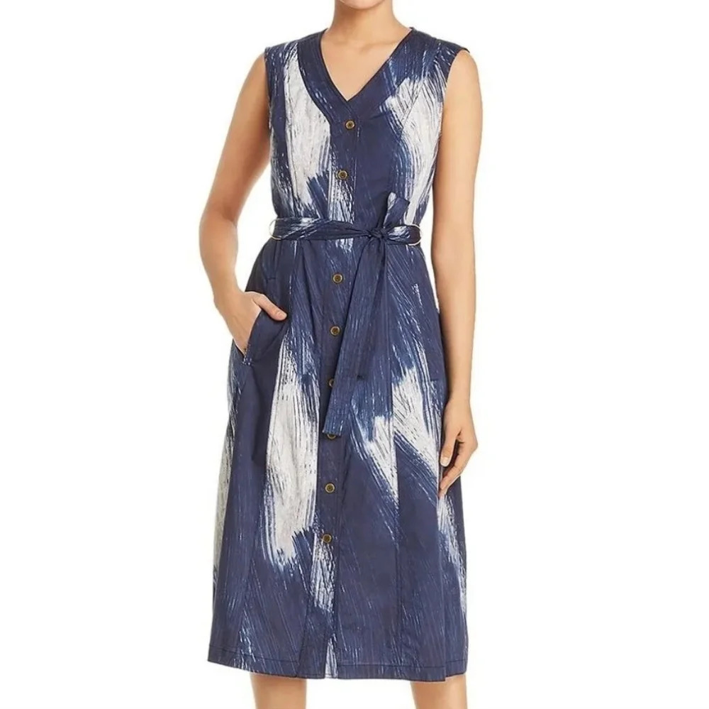 Donna Karan NY Womens Sleeveless Dress Size S Blue Button Down Casual Chic Print